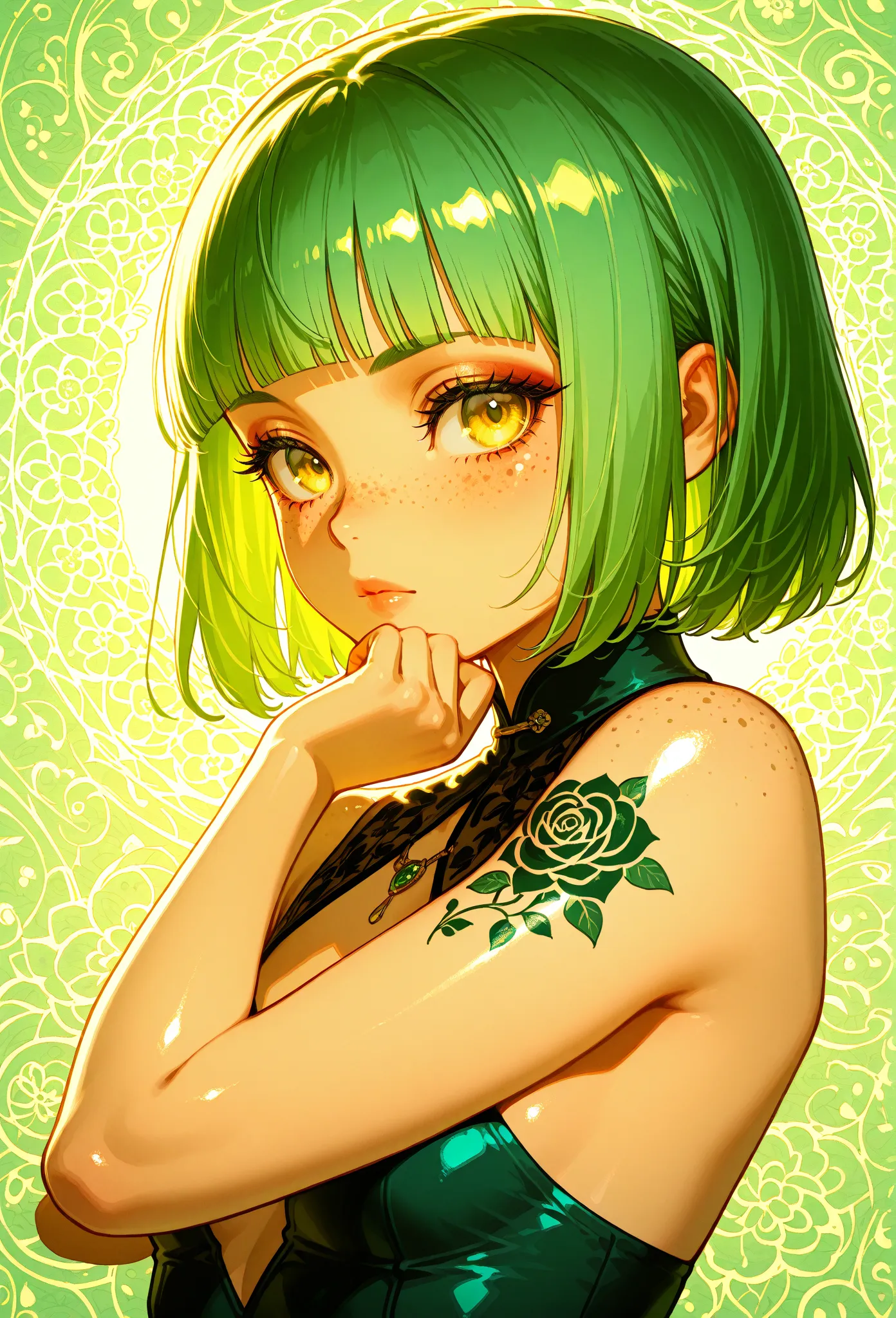 A mesmerizing surreal illustration of a young japanese woman. She has pastel green hair with blunt bangs, yellow eyes, sexy outfit with floral patterns. Freckles, shiny skin, colorful tattoos cover her arms and legs. The tattoos feature traditional Japanes...