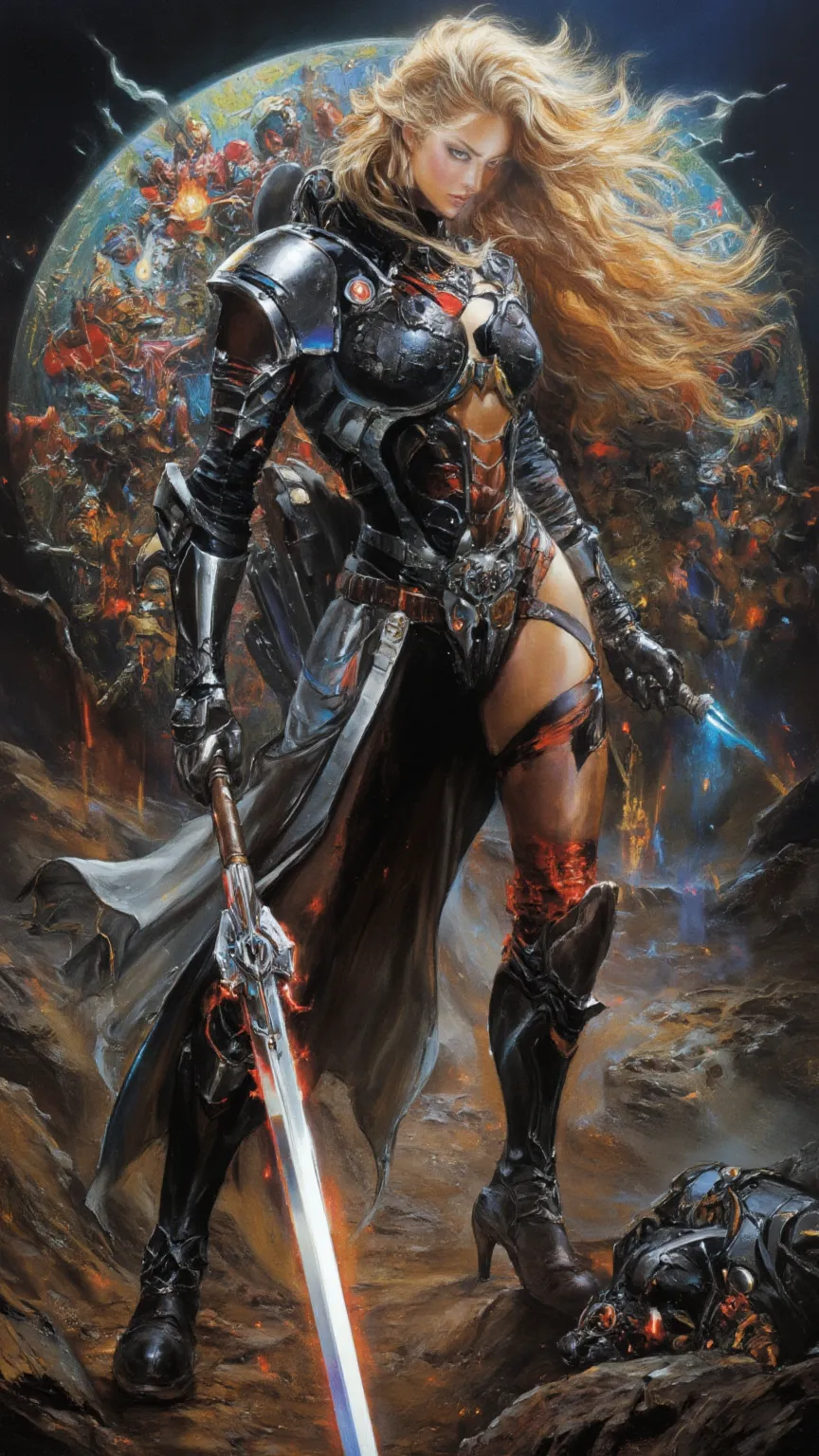 full body, Female Knight， art ，sci-fi，future，weapons，sexy，long golden hair，Wayne Reynolds draws，in a highly detailed and dynamic style, Luminescence，Battle Screen