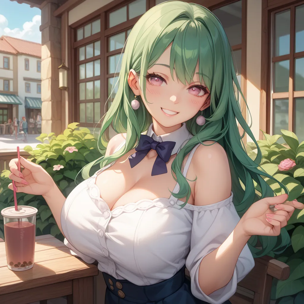  green hair、long hair、bungs、Big Breasts、 pink eyes、 tea time、brick cafe、terrace、middle ages、 everyday wear、smile、 calm、 multi-person 