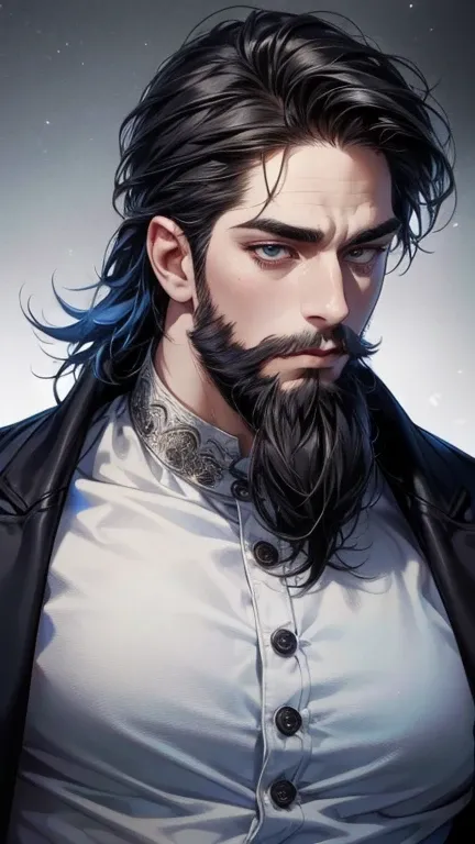 (best quality,4K,8k,highres,masterpiece:1.2),breasts,(Realistic,photoRealistic,photo-Realistic:1.37),36-year-old man,3 day beard,cute anime ,Portraits,strong,masculine,  dark hair,sharp jaw,  mesmerizing eyes  ,  perfectly styled hair,  cool anime outfit,c...