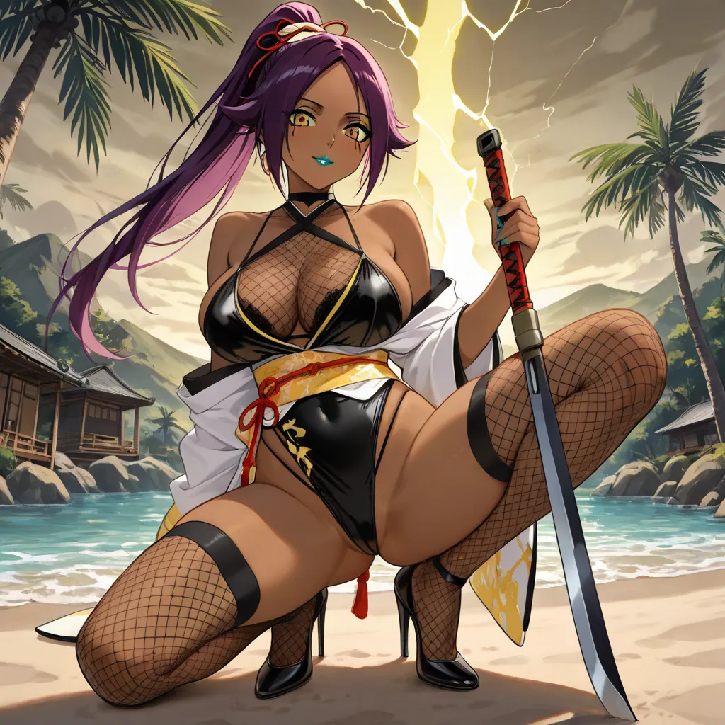 Anime,only shihouin Yoruichi (thong and bra Yellow Polynesian sexy Elegant Kimono) (in skin color brown) ( electric Polynesian sexy, Elegant Kimono outfit fishnet bodysuit based colorshihouin Yoruichi , Black) (outfit,trim, detail,design color Black lightn...