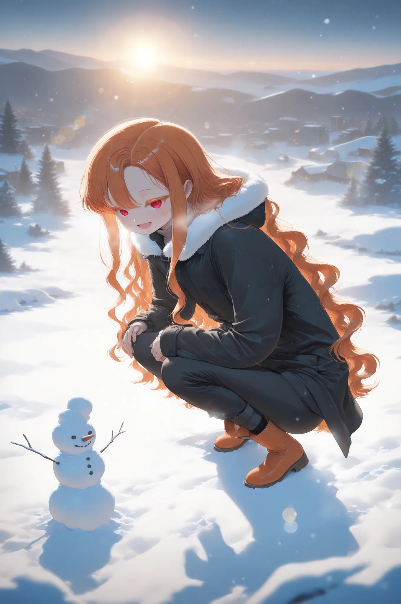 masterpiece, best quality, absurdres, safe, 1girl, Kuroki Nolita, orange eyelashes, red eyes, asymmetrical hairline, very long sidelocks, orange hair, long hair, wavy hair, flat chest, smiling, open mouth, black coat, fur trim, pants, boots, solo, crouchin...