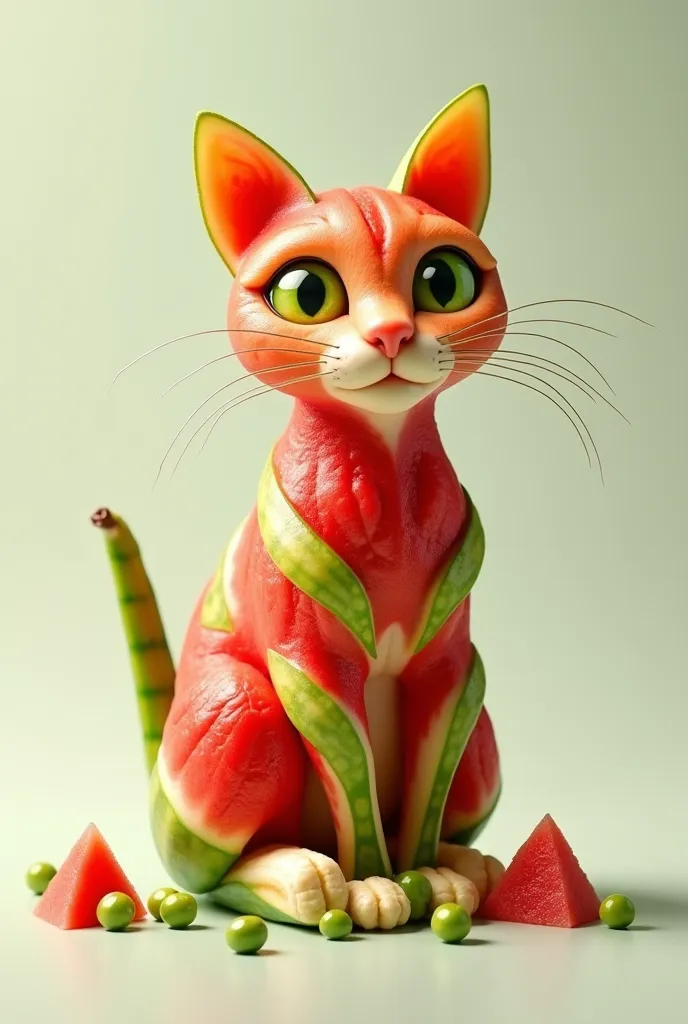 Make a cat model by expressing watermelon, bananas, Use peas to express cat muscles and make a cat model