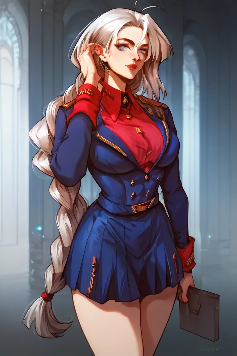 , white hair, gray hair, cabello largo, blue eyes,  braid, expressive, thigh , red shirt, military uniform, blue skirt, ,naked