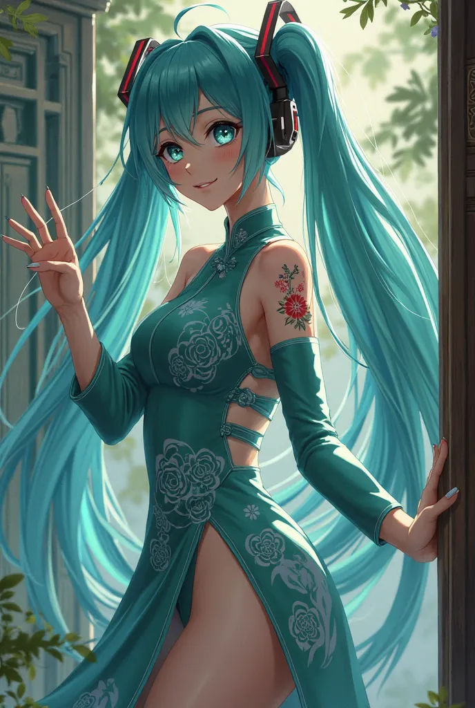          high quality  、         No posts                 、      Masterpiece、1 person、woman 、          Hatsune Miku 、       turquoise hair    、           twin tail   、      embarrassed face 、       create a perfect body line     、Hot body、     01 tattoo in...