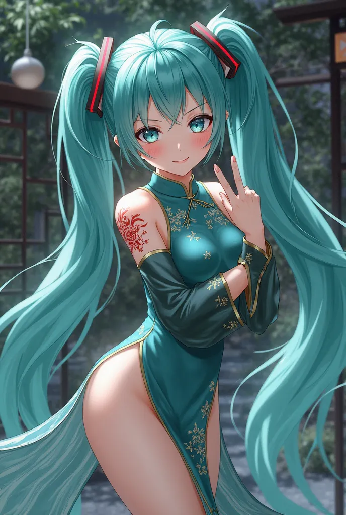          high quality  、         No posts                 、      Masterpiece、1 person、woman 、          Hatsune Miku 、       turquoise hair    、           twin tail   、      embarrassed face 、       create a perfect body line     、Hot body、     01 tattoo in...