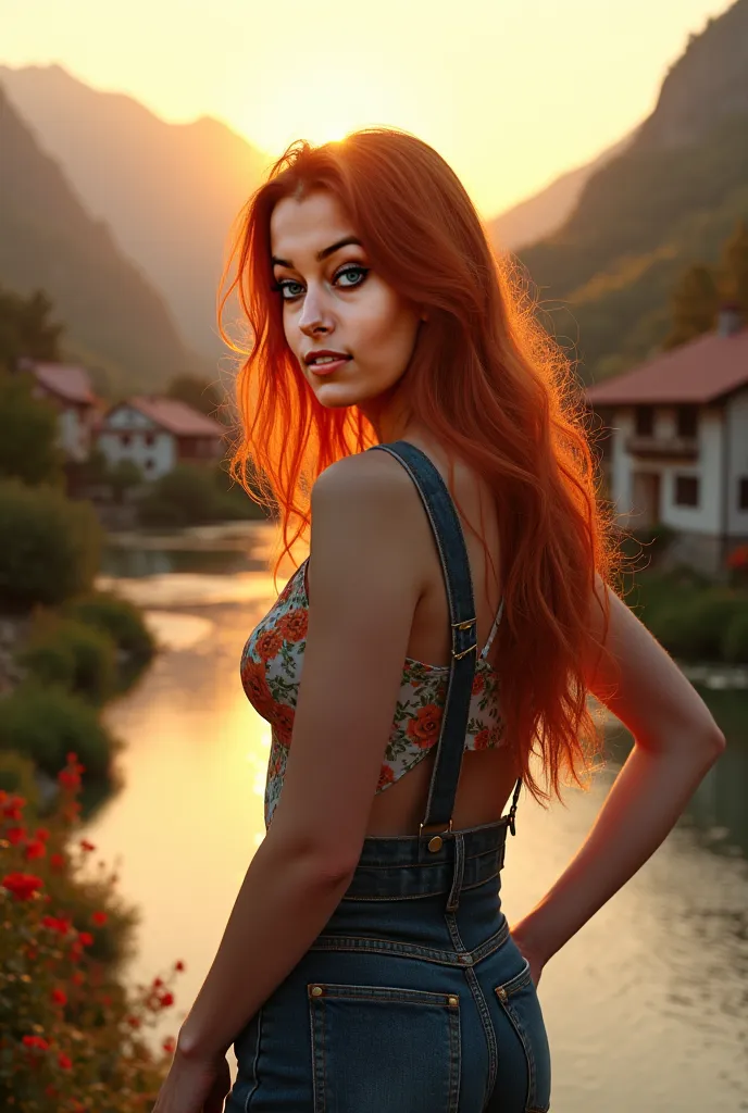 a small village by the river, mountains in the background, floral flowers colorful, detailed landscape, Beautiful natural landscapes, atmospheric lighting, scorching sunset, warm colours, practical, photopractical, Detailed Foliage, complex buildings, cobb...