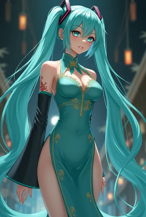          high quality  、         No posts                 、      Masterpiece、1 person、woman 、          Hatsune Miku 、       turquoise hair    、           twin tail   、      embarrassed face 、       create a perfect body line     、Hot body、     01 tattoo in...