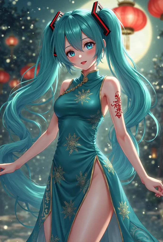          high quality  、         No posts                 、      Masterpiece、1 person、woman 、          Hatsune Miku 、       turquoise hair    、           twin tail   、      embarrassed face 、       create a perfect body line     、Hot body、     01 tattoo in...