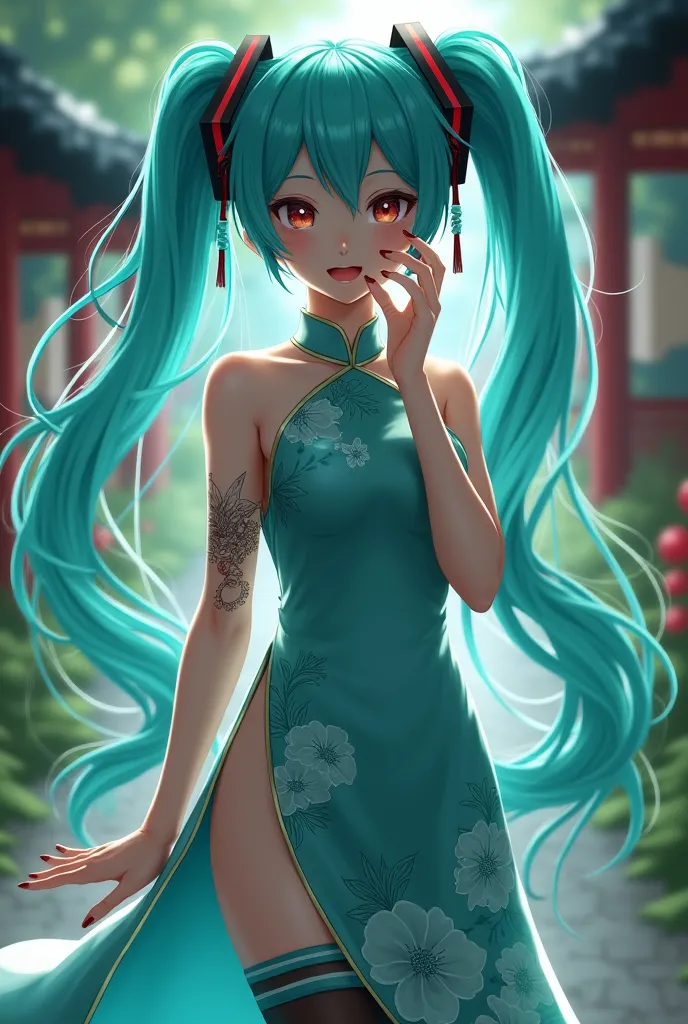          high quality  、         No posts                 、      Masterpiece、1 person、woman 、          Hatsune Miku 、       turquoise hair    、           twin tail   、      embarrassed face 、       create a perfect body line     、Hot body、     01 tattoo in...