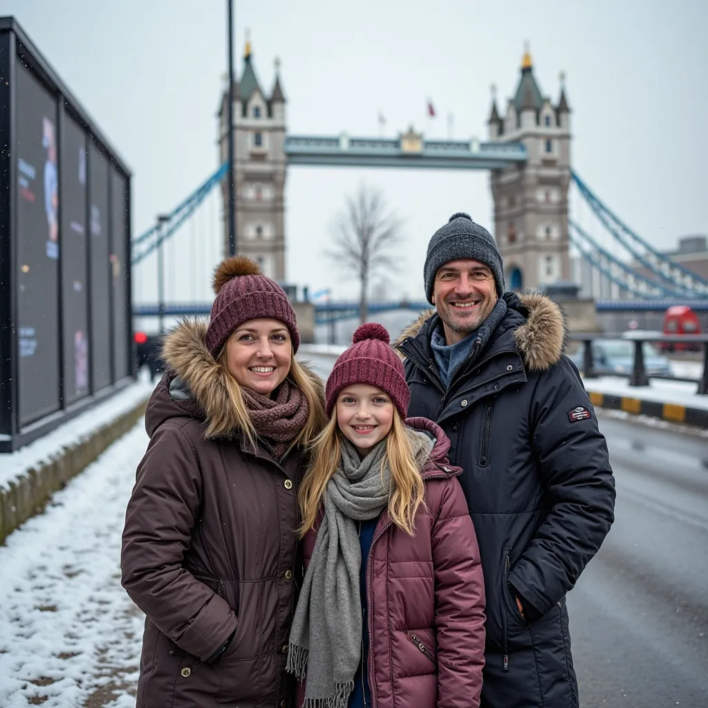 This is a highly realistic portrait of an English girl and her parents occupying the roadside smiling for the camera on a snowy day against the backdrop of Tower Bridge in England, next to a large rectangular billboard. The lighting is soft and even, ensur...