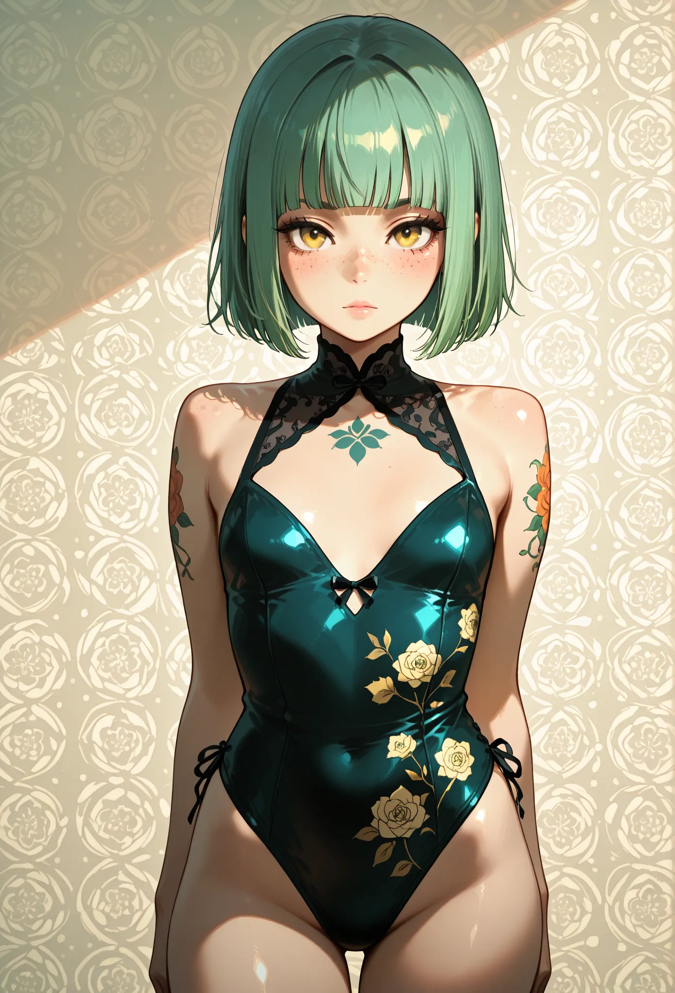 A mesmerizing surreal illustration of a young japanese woman. She has pastel green hair with blunt bangs, yellow eyes, sexy outfit with floral patterns. Freckles, shiny skin, colorful tattoos cover her arms and legs. The tattoos feature traditional Japanes...