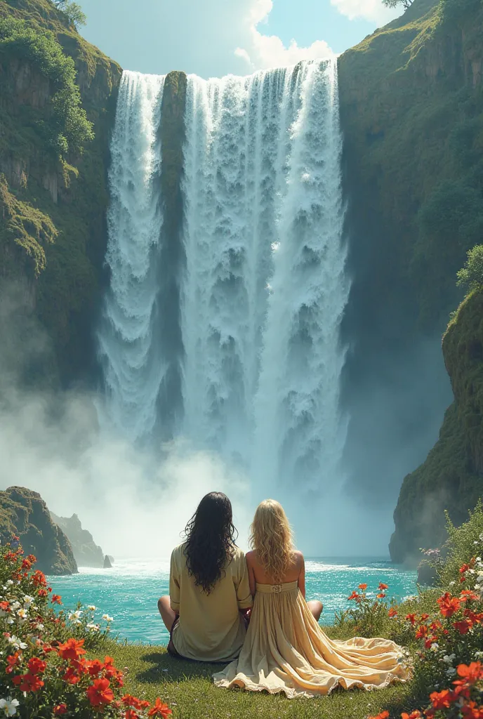 A very large and wide waterfall, with lots of flowers and plants around, a man with long hair and a woman with medium wavy hair and dark blond hair and wearing a long straw dress seated