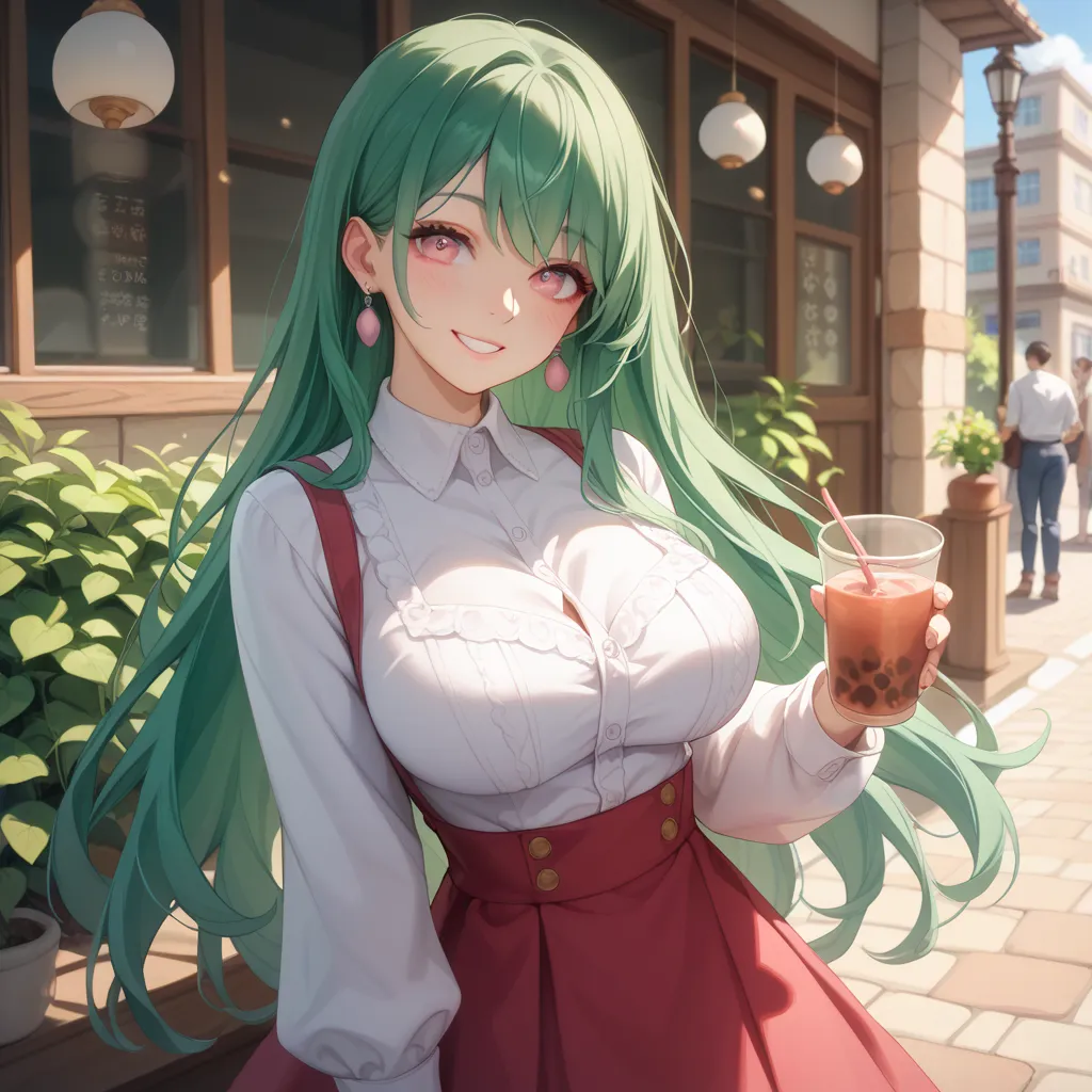  green hair、long hair、bungs、Big Breasts、 pink eyes、 tea time、brick cafe、terrace、middle ages、 everyday wear、 Smile、 calm、 team up、 looking into the distance