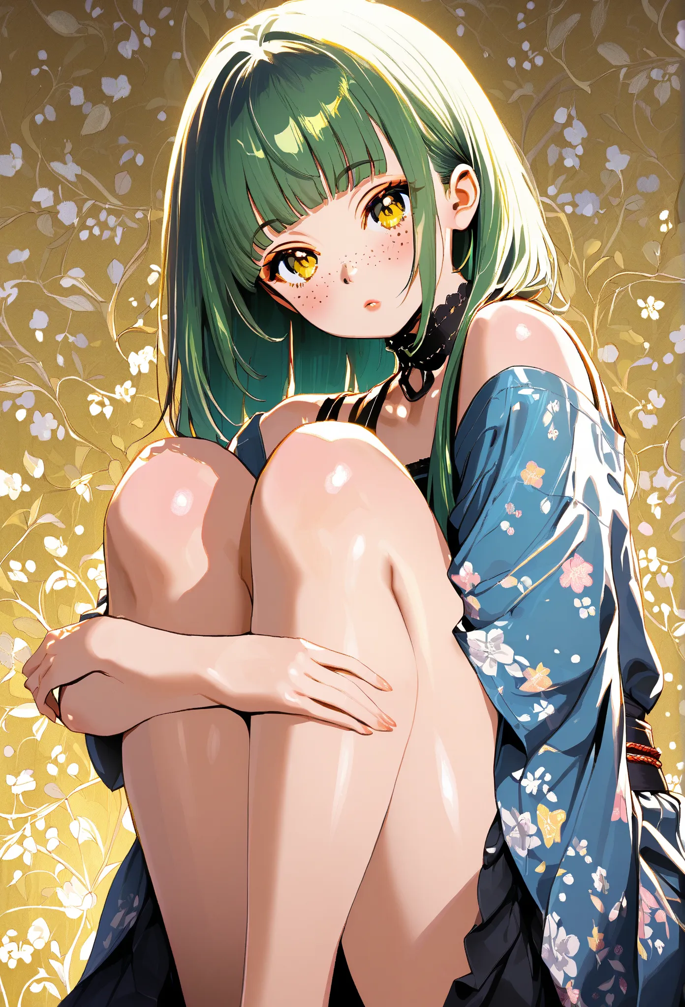 A mesmerizing surreal illustration of a young japanese woman. She has pastel green hair with blunt bangs, yellow eyes, sexy outfit with floral patterns. Freckles, shiny skin, colorful tattoos cover her arms and legs. The tattoos feature traditional Japanes...