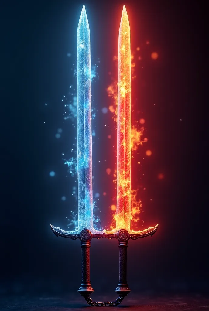 Twin swords connected by a fixed metallic chain at their hilts, one with a deep blue ice-themed blade with frost patterns, the other with a fiery red blade with molten patterns, glowing with alternating blue and red energy, set against a dark background wi...