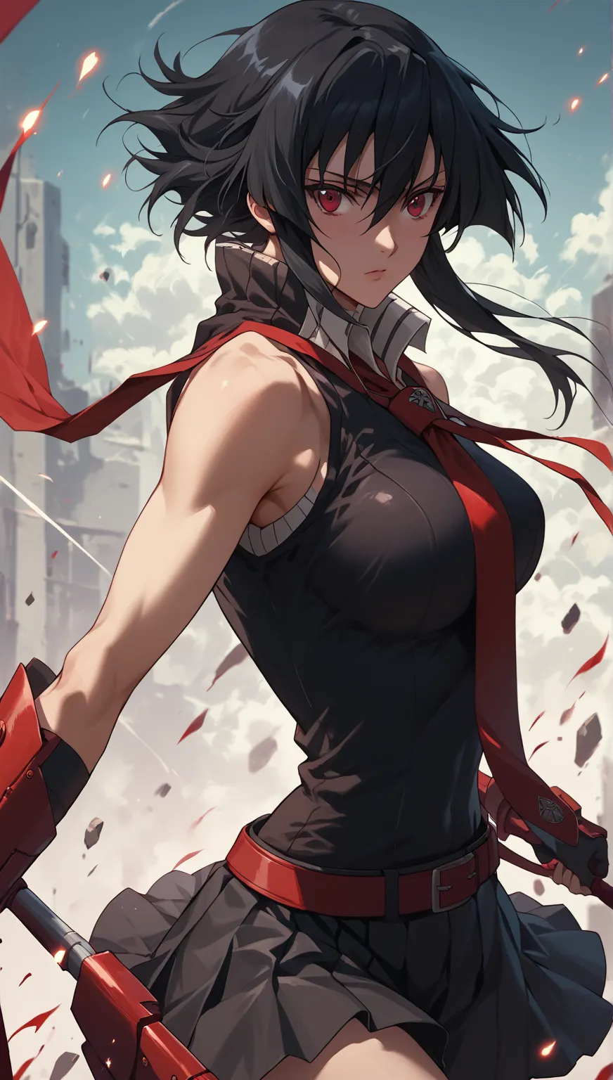 Score_9, Score_8_up, Score_7_up, Score_6_up, Score_5_up, Score_4_up, masterpiece, Akame(Akame Ga Kill), striking red eyes, wearing a black sleeveless top with a high collar, red tie flowing in the wind, black pleated skirt with red belt and metallic buckle...