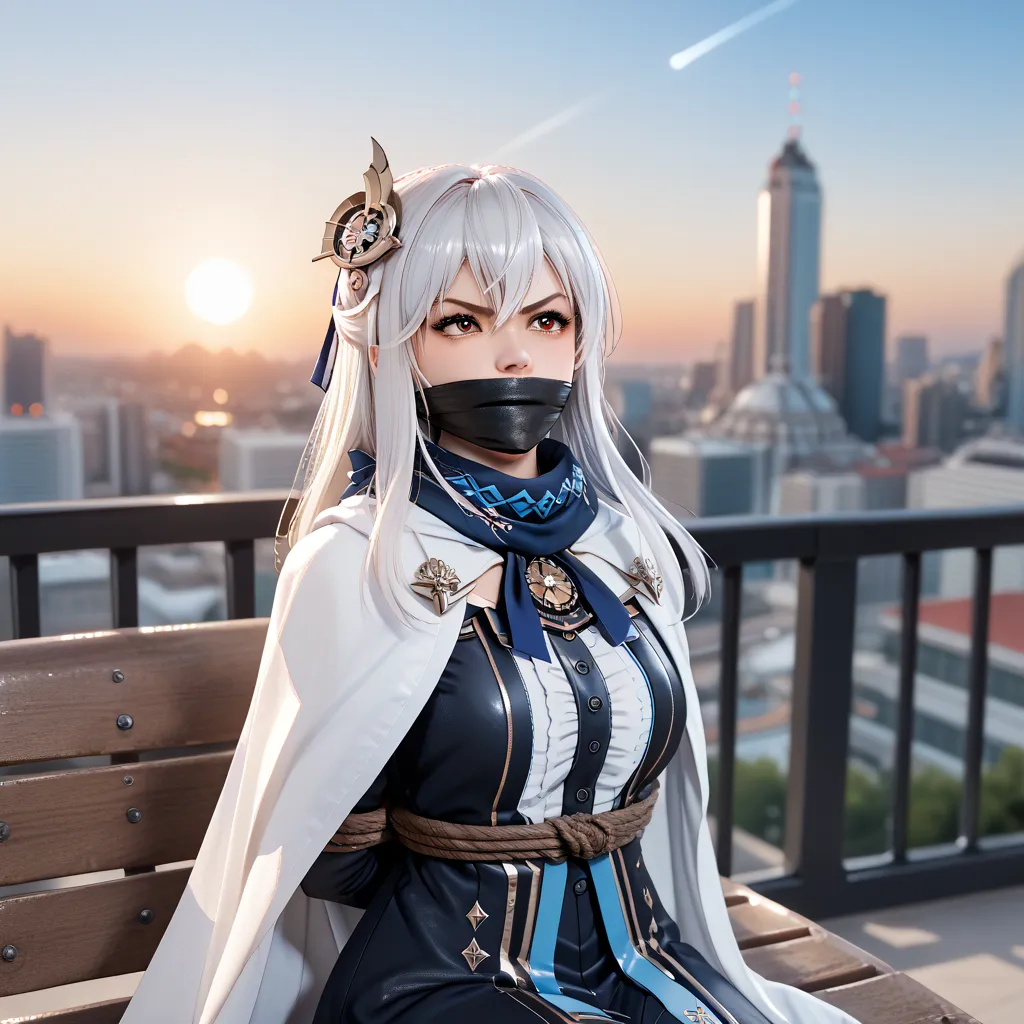 Masterpiece, score_9, score_8_up, score_7_up, cityscape, scenery, blue sky, sunrise, night, star \(sky\), science fiction, railing, lens flare, shooting star, BREAK source_anime, 1girl, Ryogoku Tsukasa, white hair, hair between eyes, red eyes, long hair, d...