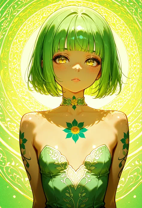 A mesmerizing surreal illustration of a young japanese woman. She has pastel green hair with blunt bangs, yellow eyes, sexy outfit with floral patterns. Freckles, shiny skin, colorful tattoos cover her arms and legs. The tattoos feature traditional Japanes...