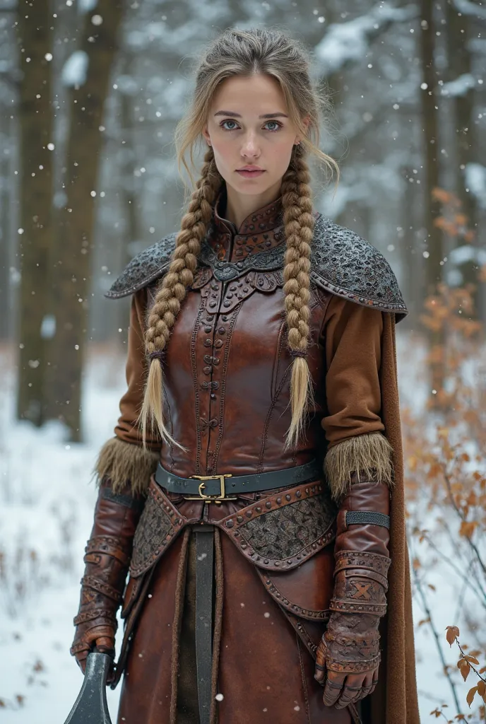 complete photo of a 30 years old woman with light brownblond braided hair. She is standing in a winter forest. She is wearing a glossy brown leather vikings costume and leather armor. She is also wearing brown leather boots. She is holding a battleaxe in o...