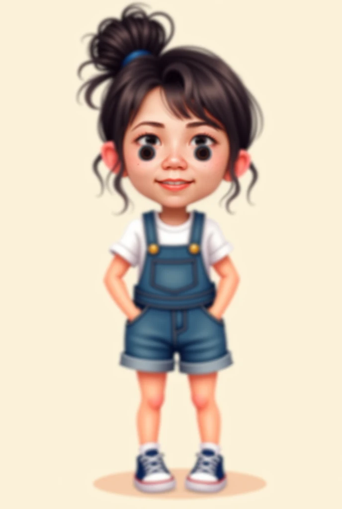 a asian girl with a crazy expression. She has dark hair styled in a messy bun, with a few strands framing her face. Her cheeks are rosy, and she is smiling. She stand girlish with crazy pose, wearing a white t-shirt, short overall denim and converse. The b...