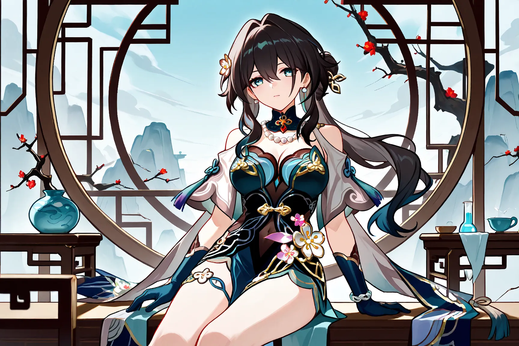 Ruan mei (honkai star rail), masterpiece,high quality,anime_source,best quality, high definition, 1girl, dress, cleavage, closed mouth, flower, hair ornament, jewelry, bare shoulders, mature female, black hair, high heels, , thighs, blue gloves, thigh stra...