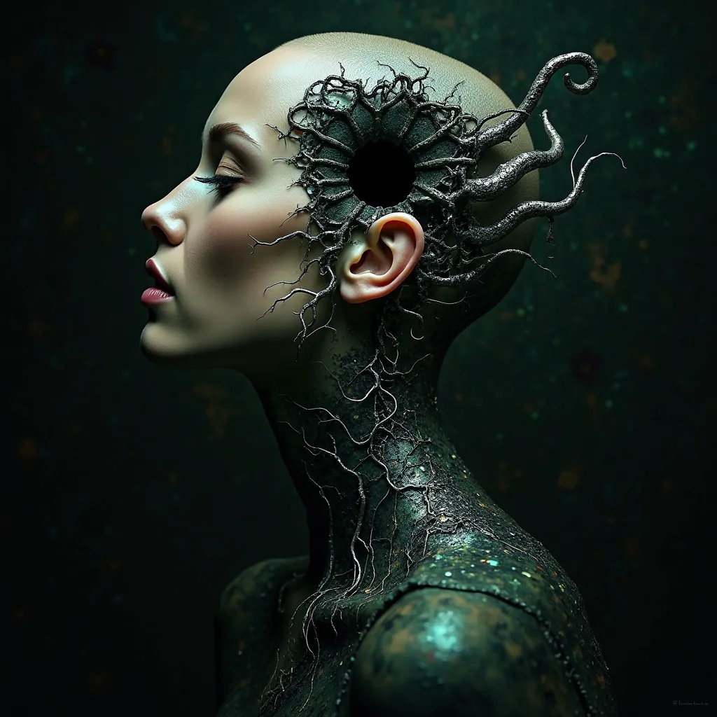 A surrealist portrait of a beautiful French model seen in profile. Half of her face is dissolving into a dark, cosmic void. Twisted silver roots are growing from the cracks, as if her mind is merging with another dimension. The woman has a bald head, sugge...