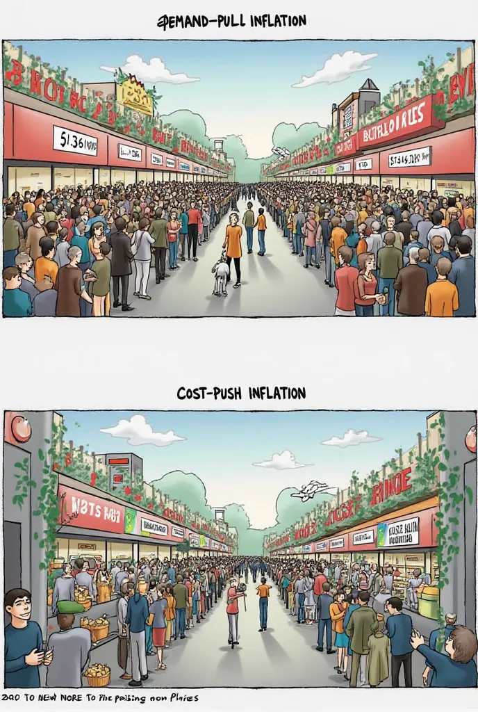 - Panel 1: Demand-Pull Inflation: This panel would depict a scenario of high consumer demand exceeding the supply of goods and services.  It could show a bustling marketplace with long queues of consumers eagerly buying products, while suppliers struggle t...