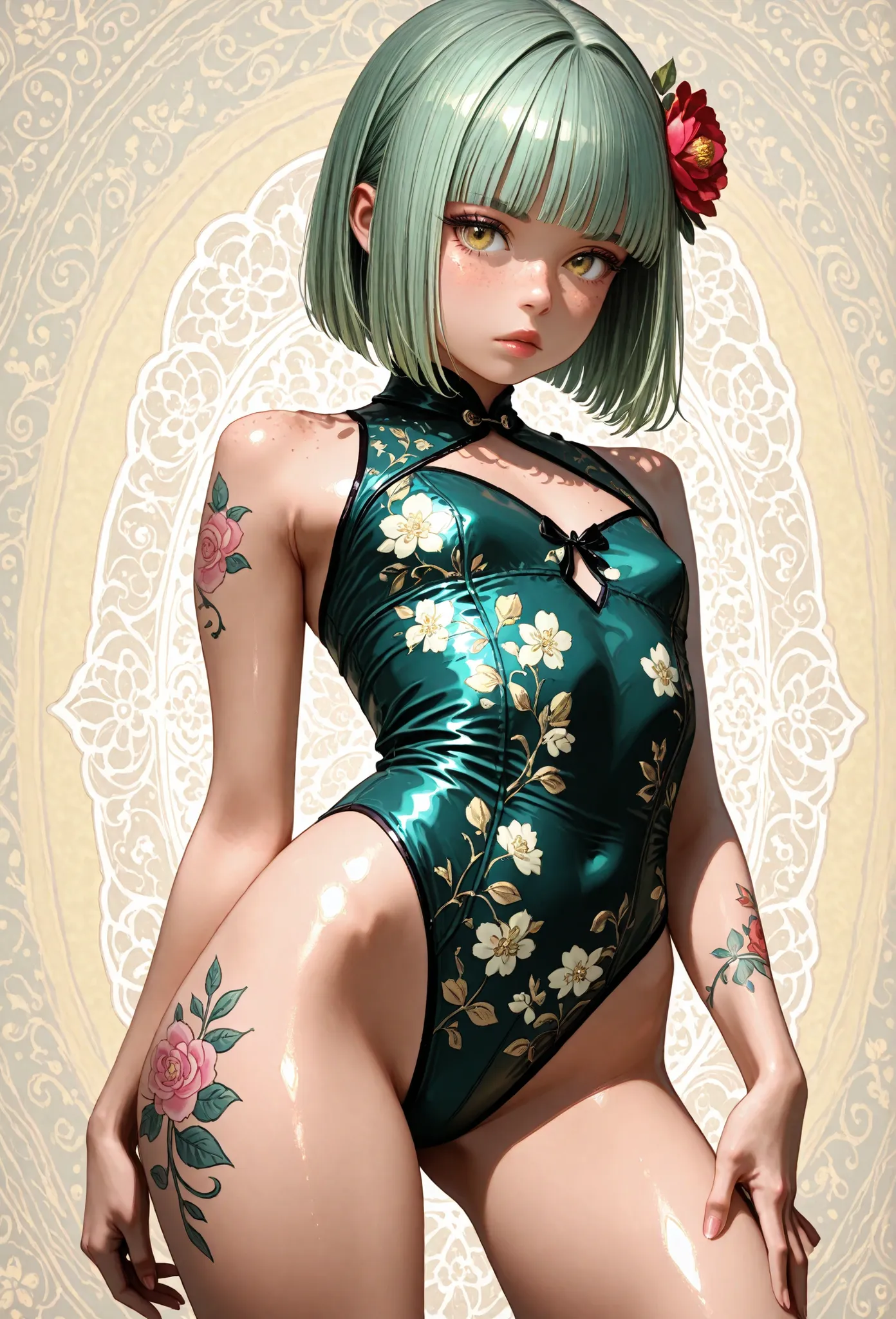 A mesmerizing surreal illustration of a young japanese woman. She has pastel green hair with blunt bangs, yellow eyes, sexy outfit with floral patterns. Freckles, shiny skin, colorful tattoos cover her arms and legs. The tattoos feature traditional Japanes...