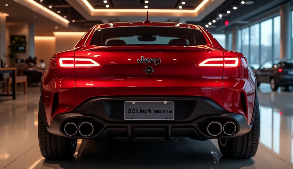 "A rear view of the futuristic 2025 Jeep Wrangler 4xe, now in an innovative sedan design. The glossy red paint shines under the showroom lights, creating realistic reflections. The taillights feature a modern LED design, and the Jeep logo is displayed prom...