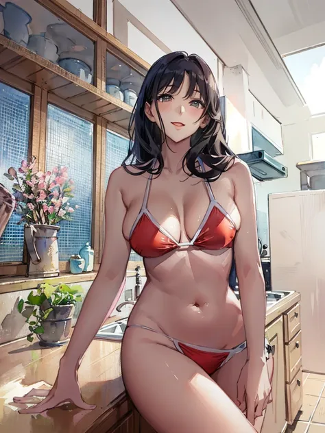 araffe asian woman in a bikini posing in a kitchen, hot with shining sun,  sakimichan hdri,  sakimichan, japanese goddess, wet swimsuit, Yoshitomo Nara, shiny plastic bikini, sophisticated gravure idol, wearing pearl neon bikini,  monster, breasts, swimsui...