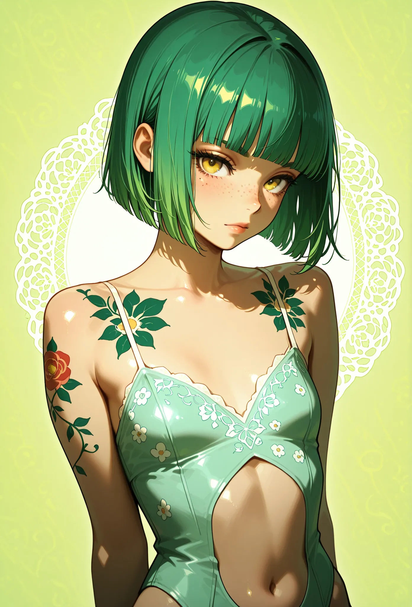 A mesmerizing surreal illustration of a young japanese woman. She has pastel green hair with blunt bangs, yellow eyes, sexy outfit with floral patterns. Freckles, shiny skin, colorful tattoos cover her arms and legs. The tattoos feature traditional Japanes...