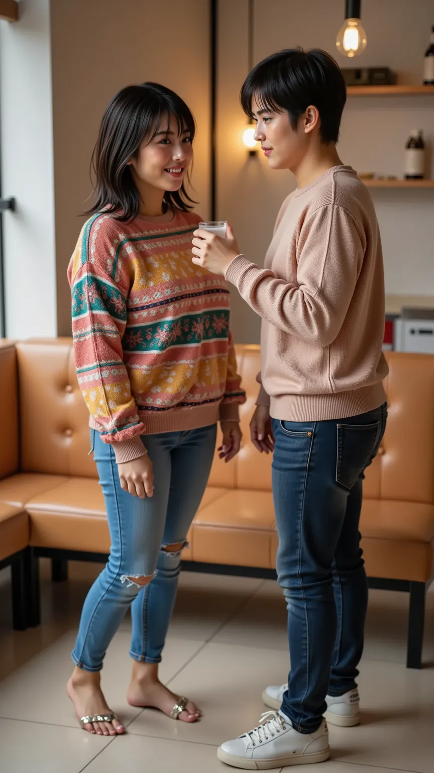 1woman, 1 man, hetero, Movie shooting scene, They are sitting facing each other in the cafe, and they are drinking a glass of water while laughing., They wear a colorful cozy sweater, jeans and sneakers., She has a large breasts and very shiny skins, Slim,...