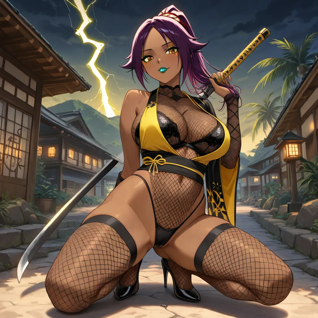 Anime,only shihouin Yoruichi (thong and bra Yellow Polynesian sexy Elegant Kimono) (in skin color brown) ( electric Polynesian sexy, Elegant Kimono outfit fishnet bodysuit based colorshihouin Yoruichi , Black) (outfit,trim, detail,design color Black lightn...