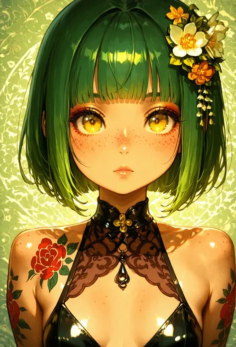 A mesmerizing surreal illustration of a young japanese woman. She has pastel green hair with blunt bangs, yellow eyes, sexy outfit with floral patterns. Freckles, shiny skin, colorful tattoos cover her arms and legs. The tattoos feature traditional Japanes...