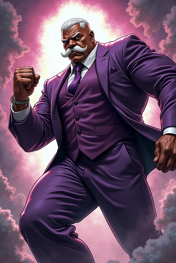 (full body 3/4 side view image) of ((mr Olympia Ronnie Coleman with((short white hair::(white eyebrows)and long white mustache past chin))(((deep purple baggy pants and deep purple business suit and purple vest)))((in style of comic book artist “todd mcfar...