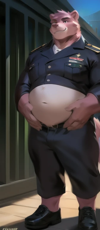  alone, Male tall ,model,  big body,Standing ,black green​ Barracks Town,Pink bear ,tail crocodile​ long​,  Black Green Military Uniform, Overweight ,  Muscle ,  smirking psychosis​, by chunie 