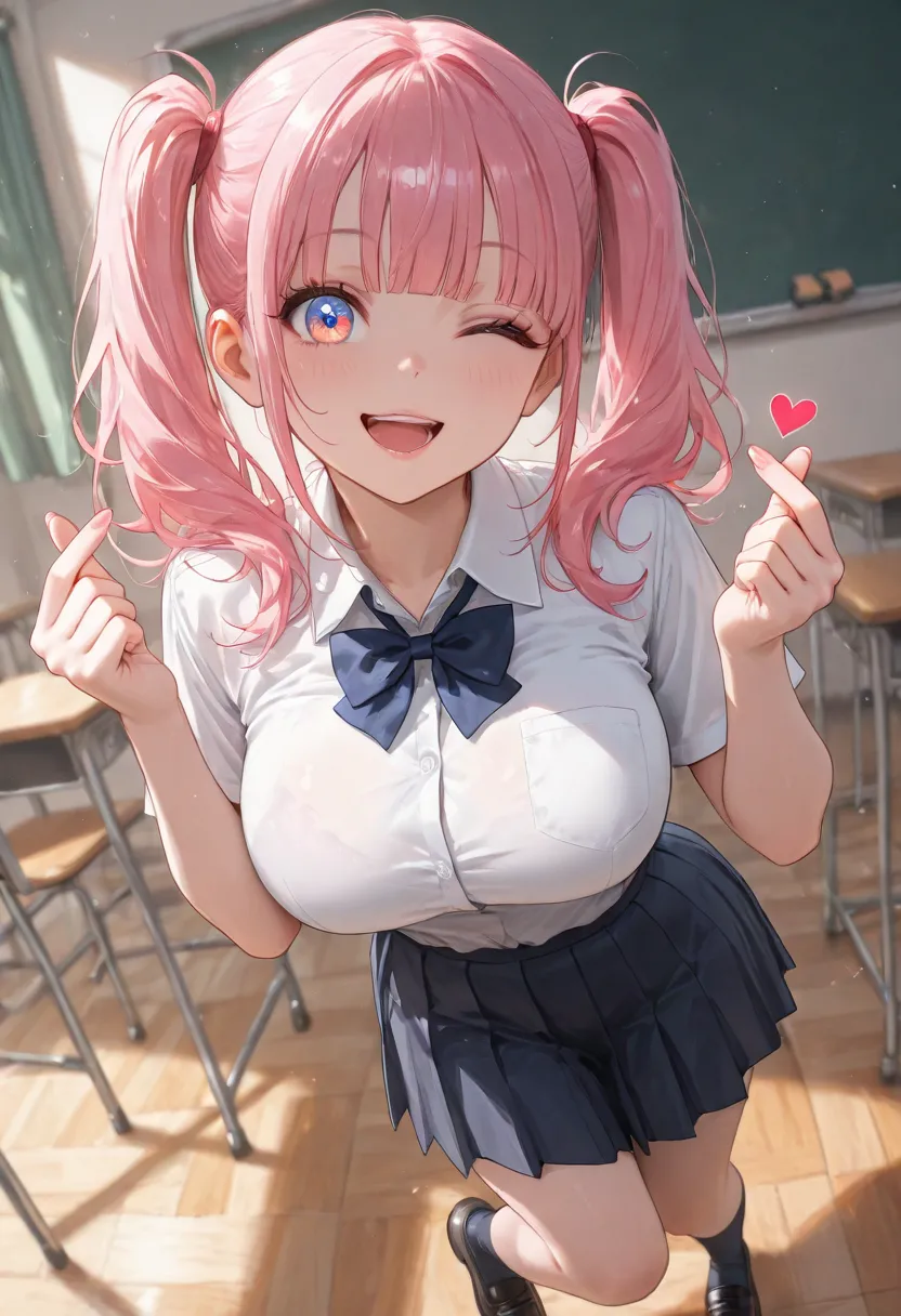 full body, looking at viewer, dynamic angle, 1girl, shiny pink hair, twintail, blunt bangs, small face, big eyes, clearly multiple colors eyes, wink, full lips, open mouth, endearing smile, school uniform, finger heart, middle breasts, black high sox, loaf...