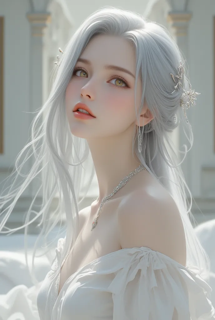 Beautiful portrait，gray hair and golden eyes， wearing white clothes， looks up，full body pendant，braided hair，white suede skin，side，Straight Hair