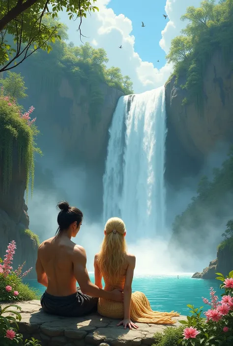 A very large and wide enchanted waterfall, with lots of flowers and plants around, a shirtless man with bun samurai hair and a strong woman with honey-colored hair and a dress made of straw seated