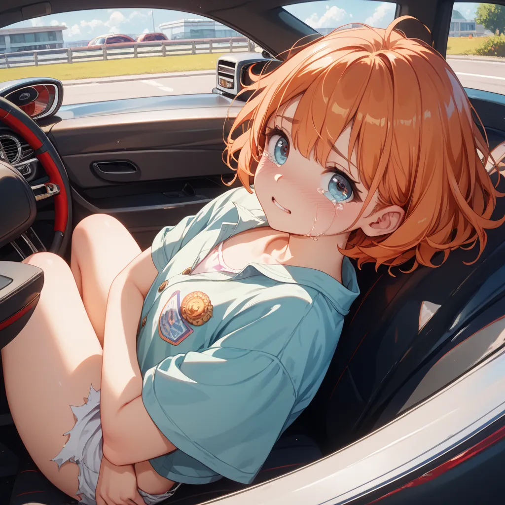 nsfw、mosaic、cute elementary school girl,５age、orange hair short hair、 clear、flat chest、crying、、 cute clothes torn、Supercar、back seat、will lie down on the other side、Half naked