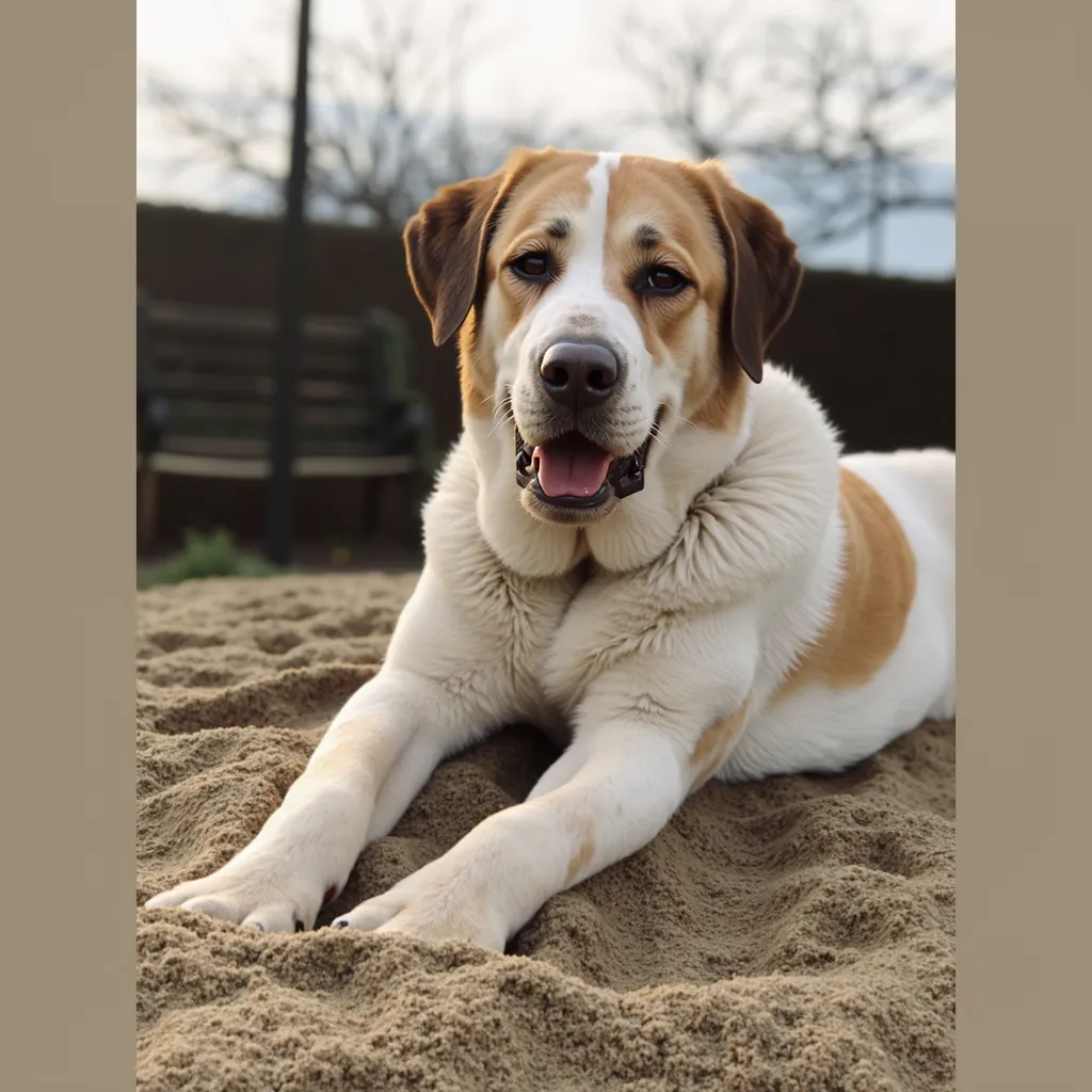 dog sitting in a cute Disney-style pose, the dog is in a garden with a swing in the background 