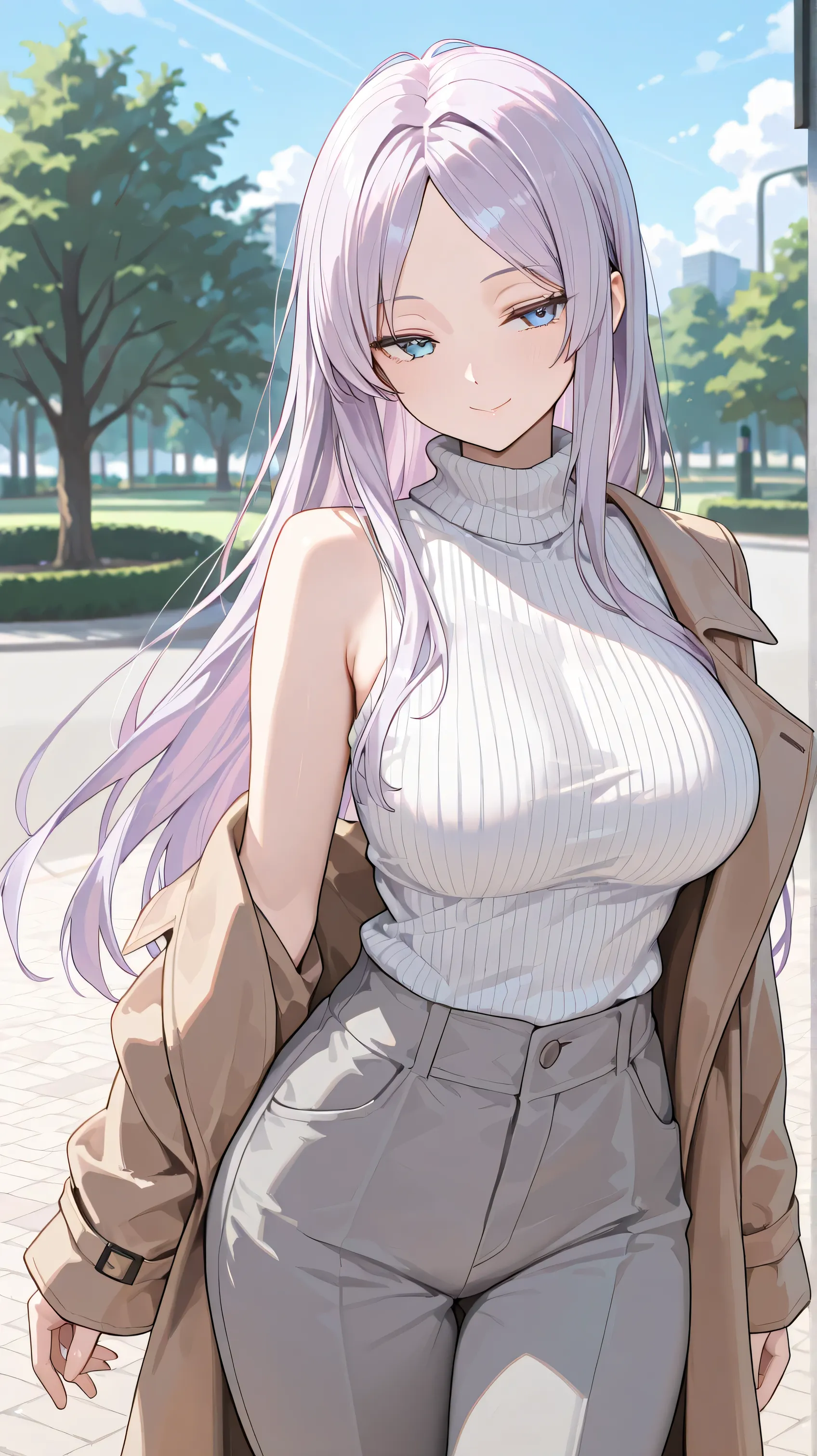 masterpiece, best quality, 1girl, solo, seductive smile, closed mouth, large breasts, long hair, straight hair, long sidelocks, parted bangs, light purple hair, blue eyes, brown coat, turtleneck sweater, white sweater, grey pants, single off shoulder, sing...