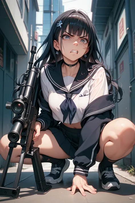 Japanese high school girl crouching with a top quality machine gun, black sailor suit, miniskirt, angry face, dark hair, long hair