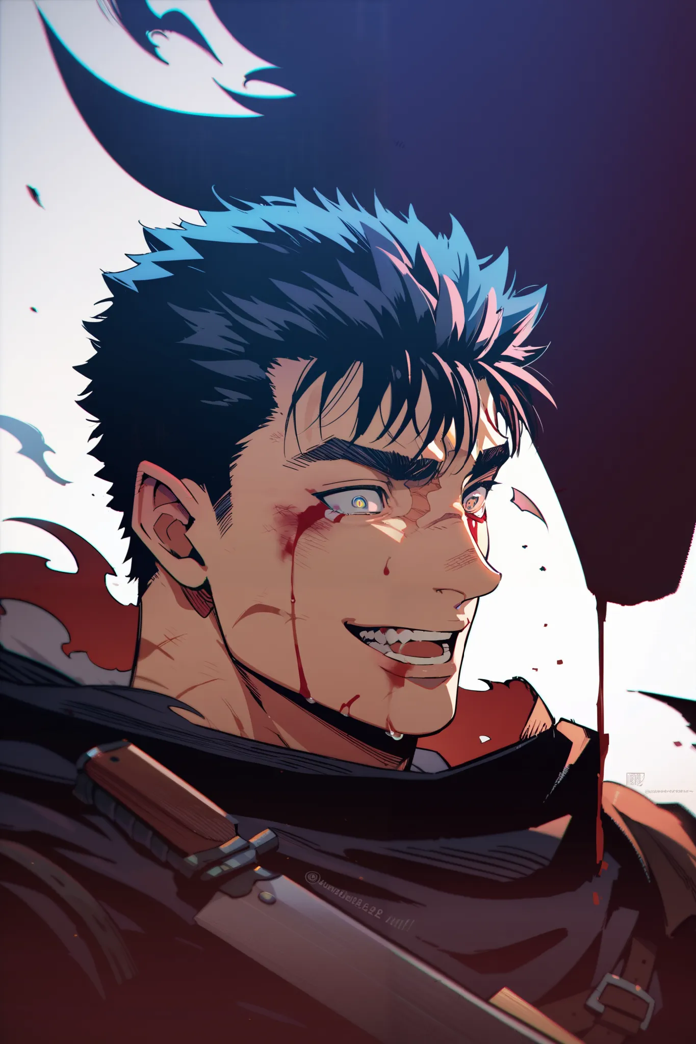 guts berserk, A lot of blood, dark fantasy, dark aura, 4k, despair, bloody tears, Scary smiling 