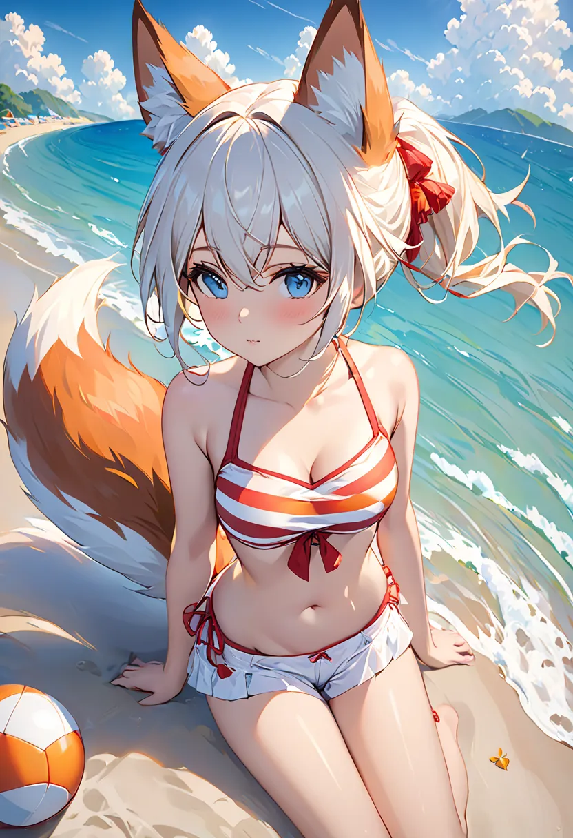 masterpiece,High Resolution, shorts, 1 girl, BALL, tail,animal_ear, swimsuit, short_shorts,  striped , bikini, Fox_ear, Alone, Fox_tail,  striped _bikini