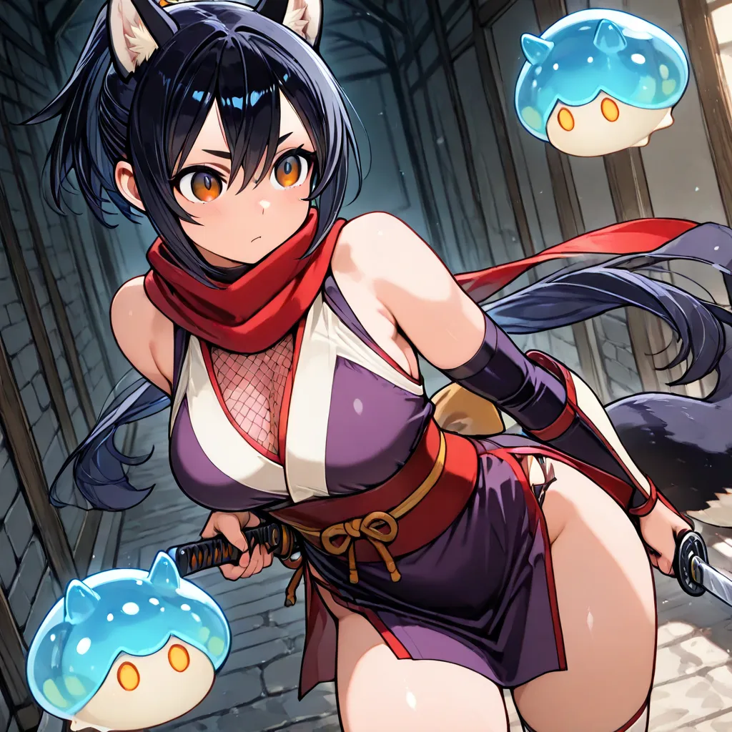 *"A beautifully illustrated fantasy dungeon scene inspired by 'Delicious in Dungeon' (Dungeon Meshi). A stunning Japanese woman warrior, with long flowing black hair and sharp, determined eyes, stands in the middle of an ancient dungeon. She wears a stylis...