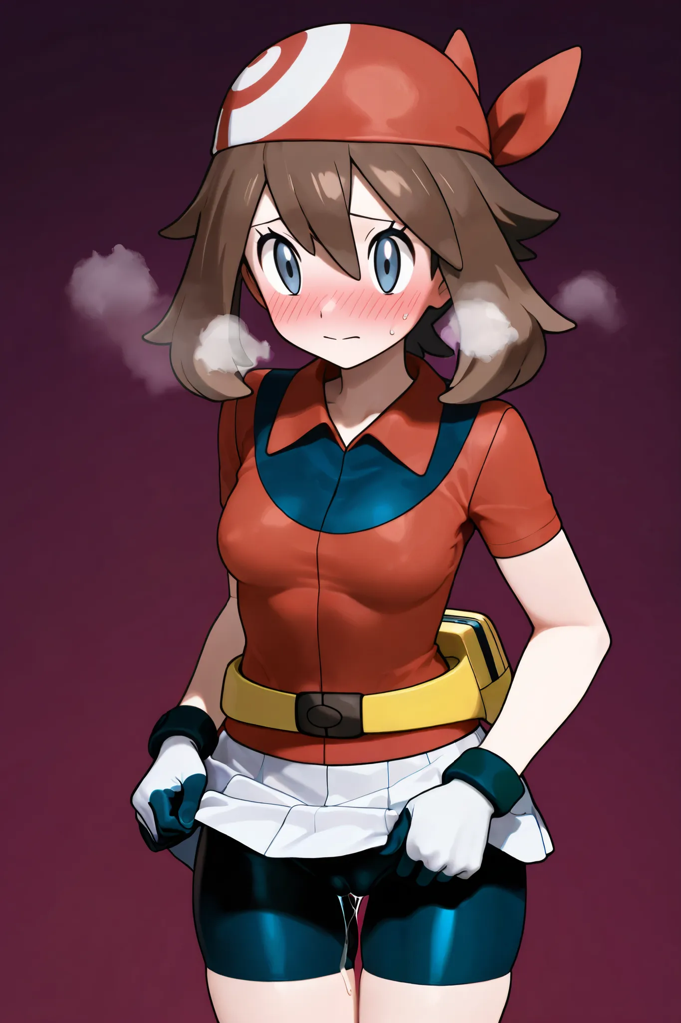 NSFW,masterpiece,Top Quality,High Resolution,very detailed,Haruka\(Pokemon),brown hair、 red bandana、blue eyes、chest、Collared Shirt、 red shirt、Short sleeve、 gloves、Fanny pack、yellow belt、white skirt、スカートの下にbike shorts、bike shorts,shy face,blush, lustful fac...