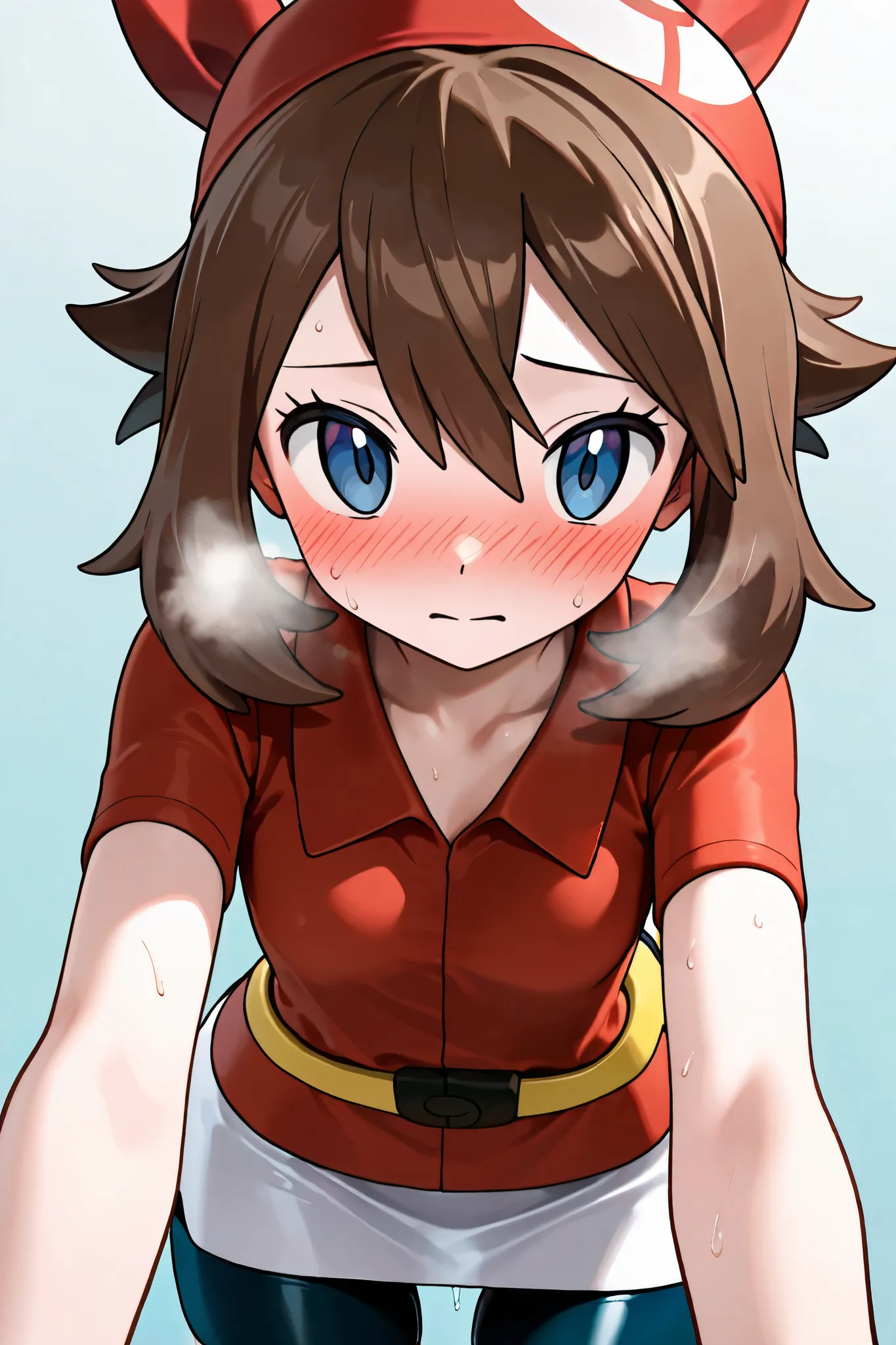 NSFW,masterpiece,Top Quality,High Resolution,very detailed,Haruka\(Pokemon),brown hair、 red bandana、blue eyes、chest、Collared Shirt、 red shirt、Short sleeve、 gloves、Fanny pack、yellow belt、white skirt、スカートの下にbike shorts、bike shorts,shy face,blush, lustful fac...