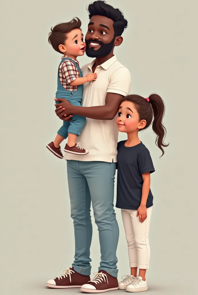 Dark-skinned man with black hair, White polo shirt, light blue pants and brown tennis shoes carrying a white-skinned baby boy with a plaid shirt and light blue overalls, with short, Next to him is a beautiful white-skinned girl with a ponytail hairstyle an...